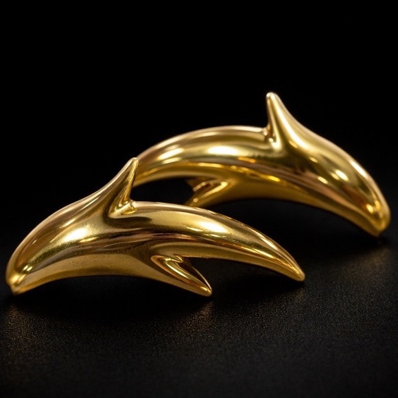Vintage Monet Gold Tone Dolphin Clip On Earrings Nautical Sea Life Signed